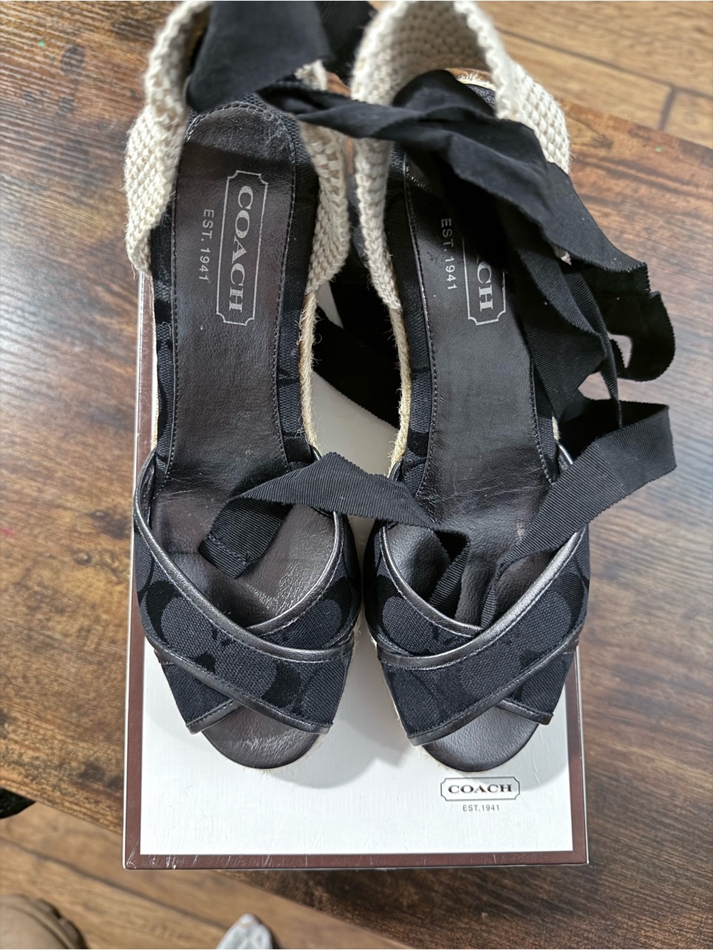 COACH Black Mila Espadrille Wedge Sandals with Ankle Tie size 7